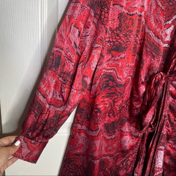 GANNI Printed Satin Long Sleeve Wrap Dress - Picture 6 of 9